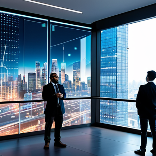 A diverse group of professional AI engineers and data scientists, fully clothed in modern business casual attire. They are standing in a brightly lit, futuristic tech office with large windows overlooking a vibrant city skyline. In front of them, a translucent holographic screen displays abstract data visualizations, upward-trending financial graphs, and interconnected global city lights, symbolizing AI salary growth and market demand across major tech hubs. Professional photography, high detail, perfect anatomy, correct proportions, natural pose, well-formed hands, proper finger count, natural body proportions, safe for work, appropriate content, fully clothed, professional.