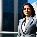 **

A professional businesswoman in a tailored grey business suit, standing confidently in front of a modern skyscraper in São Paulo, Brazil. She is fully clothed in appropriate attire. The scene is bright and sunny, showcasing the city skyline. Safe for work, perfect anatomy, natural proportions, professional photography, high quality, appropriate content, family-friendly.

**
