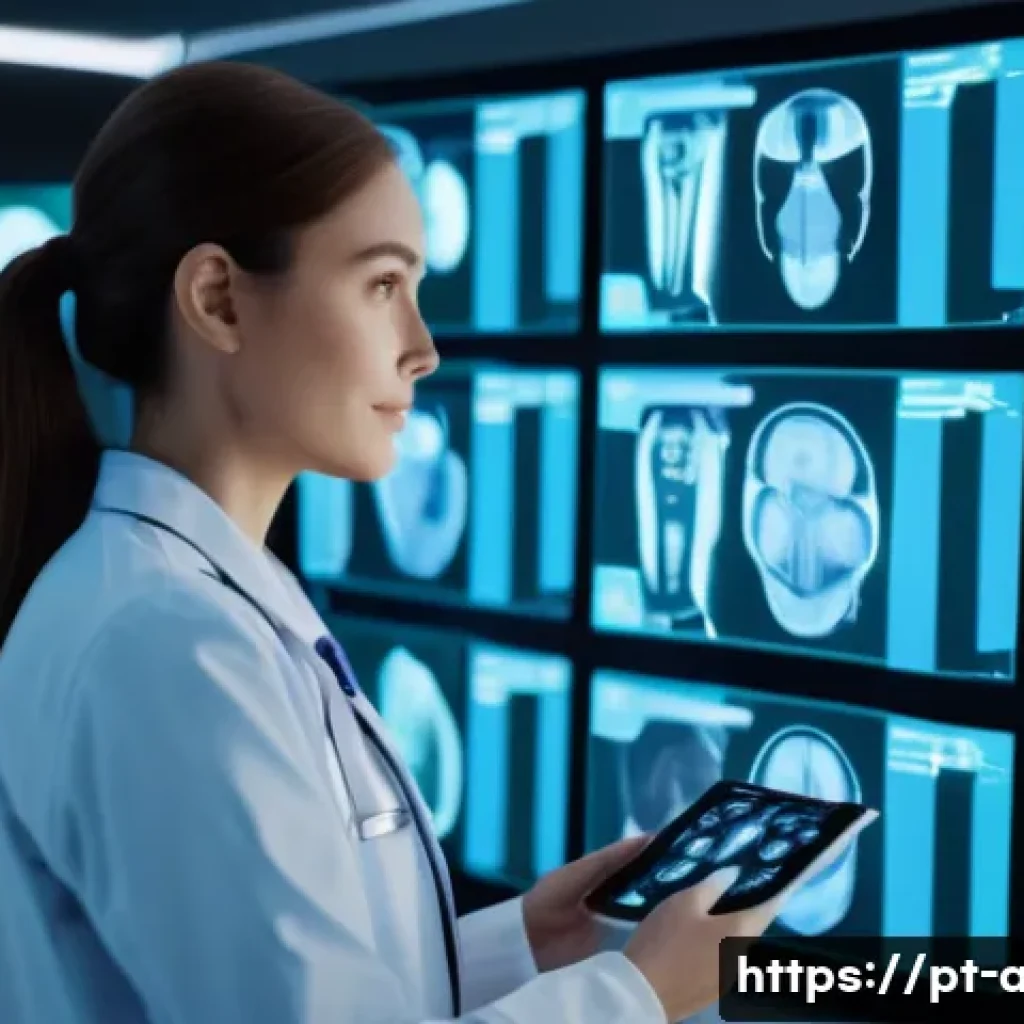 AI 관련 학회와 연구 동향 - A modern hospital scene showcasing advanced AI-driven medical diagnostics: a diverse female doctor i...