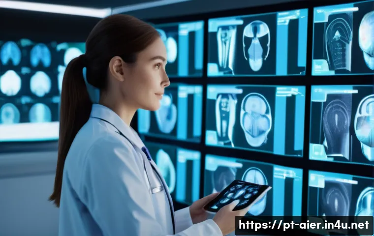AI 관련 학회와 연구 동향 - A modern hospital scene showcasing advanced AI-driven medical diagnostics: a diverse female doctor i...