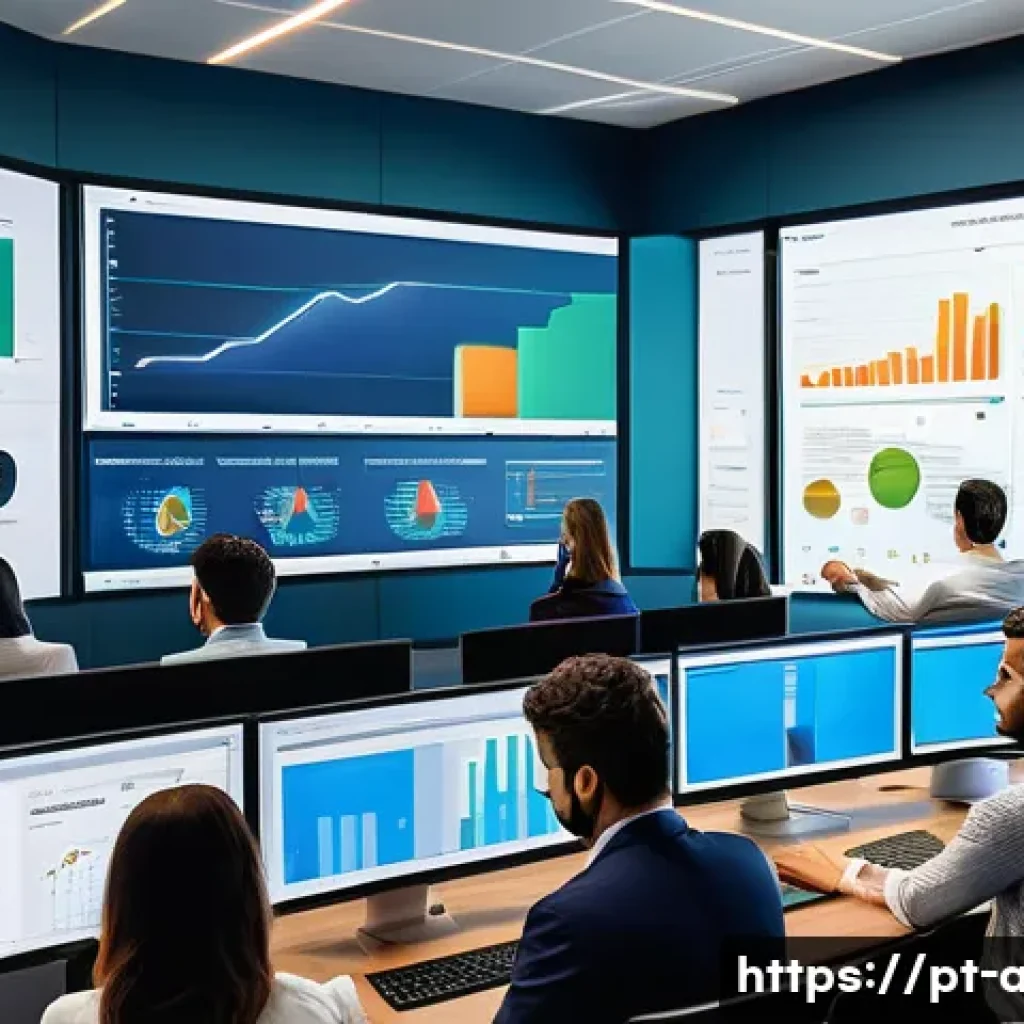 AI 기술을 활용한 예측 분석 사례 - A modern Brazilian fintech office environment showcasing a diverse team of professionals analyzing a...