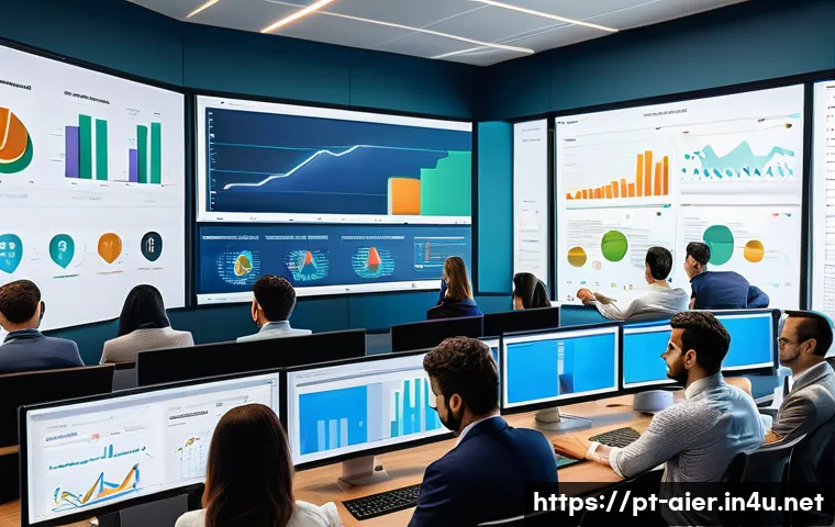 AI 기술을 활용한 예측 분석 사례 - A modern Brazilian fintech office environment showcasing a diverse team of professionals analyzing a...