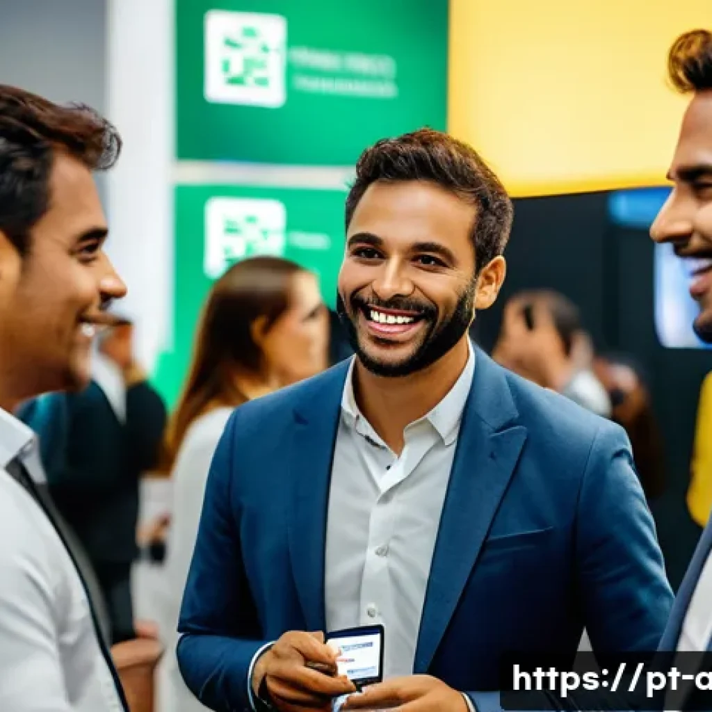 AI 전문가를 위한 네트워킹 팁 - A diverse group of Brazilian AI professionals networking at a modern tech conference in São Paulo, d...
