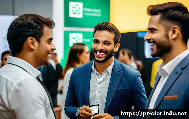 AI 전문가를 위한 네트워킹 팁 - A diverse group of Brazilian AI professionals networking at a modern tech conference in São Paulo, d...
