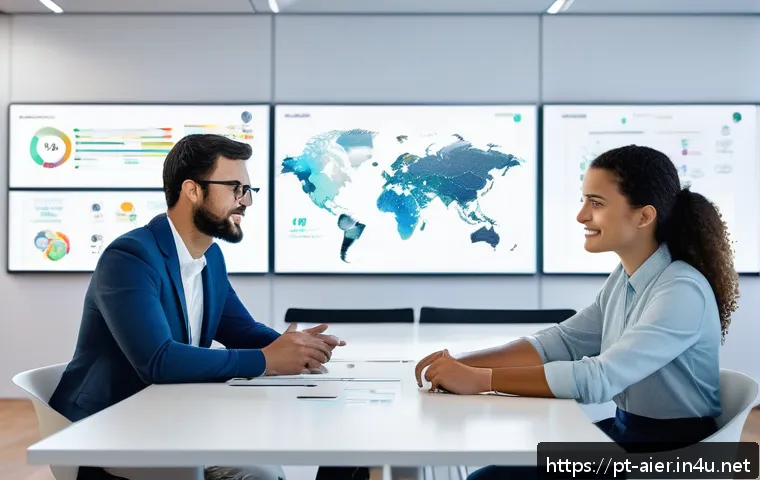인공지능 기술의 사회적 영향 - A modern Brazilian office scene illustrating the transformation of the labor market with AI: diverse...