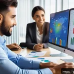 Home 21 AI 기술을 활용한 소셜 미디어 분석 사례 - A diverse group of Brazilian marketing professionals in a modern office, analyzing real-time social ...