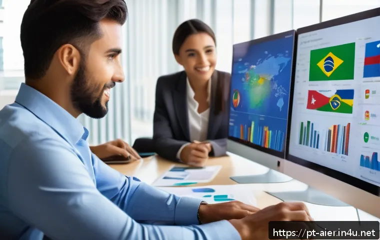 AI 기술을 활용한 소셜 미디어 분석 사례 - A diverse group of Brazilian marketing professionals in a modern office, analyzing real-time social ...