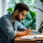 Home 20 AI 자격시험에서의 시간 관리 노하우 - A focused young adult studying at a clean, modern home office desk in São Paulo, Brazil, surrounded ...