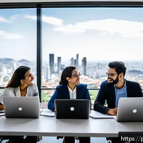 Home 30 AI 프로젝트 리더십 전략 - A diverse team of professionals collaborating in a modern Brazilian office space, including data eng...