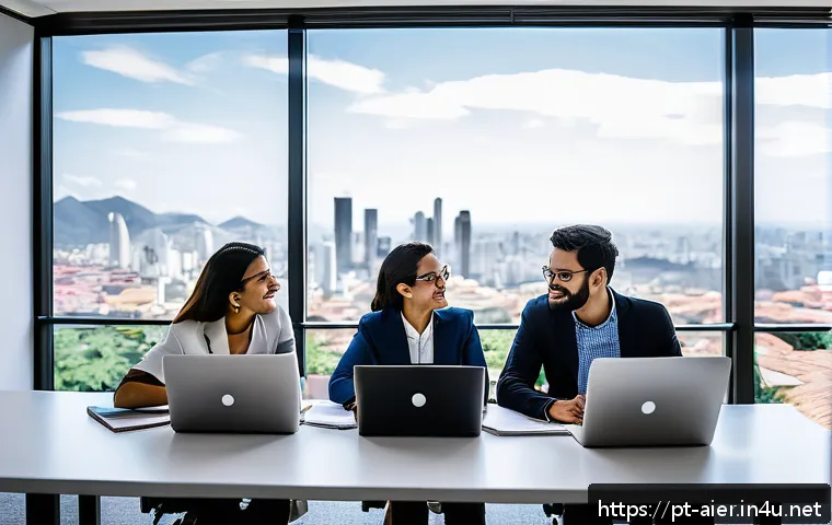 AI 프로젝트 리더십 전략 - A diverse team of professionals collaborating in a modern Brazilian office space, including data eng...