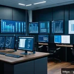 Home 23 머신러닝 모델의 재현 가능성 보장 방법 - A modern data science laboratory workspace with multiple computer monitors displaying code, machine ...