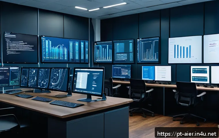 머신러닝 모델의 재현 가능성 보장 방법 - A modern data science laboratory workspace with multiple computer monitors displaying code, machine ...