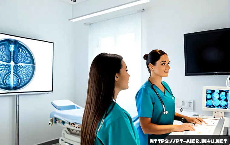 Home 17 AI 기술의 산업별 활용 사례 - Photorealistic modern Brazilian hospital diagnostic room, diverse medical team reviewing AI-assisted...